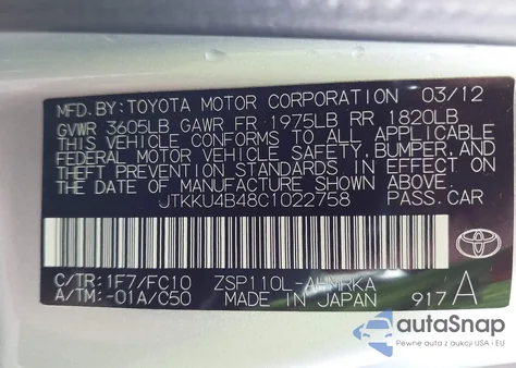 2012 Scion Xd из США, поврежденный, VIN JTKKU4B48C1022758